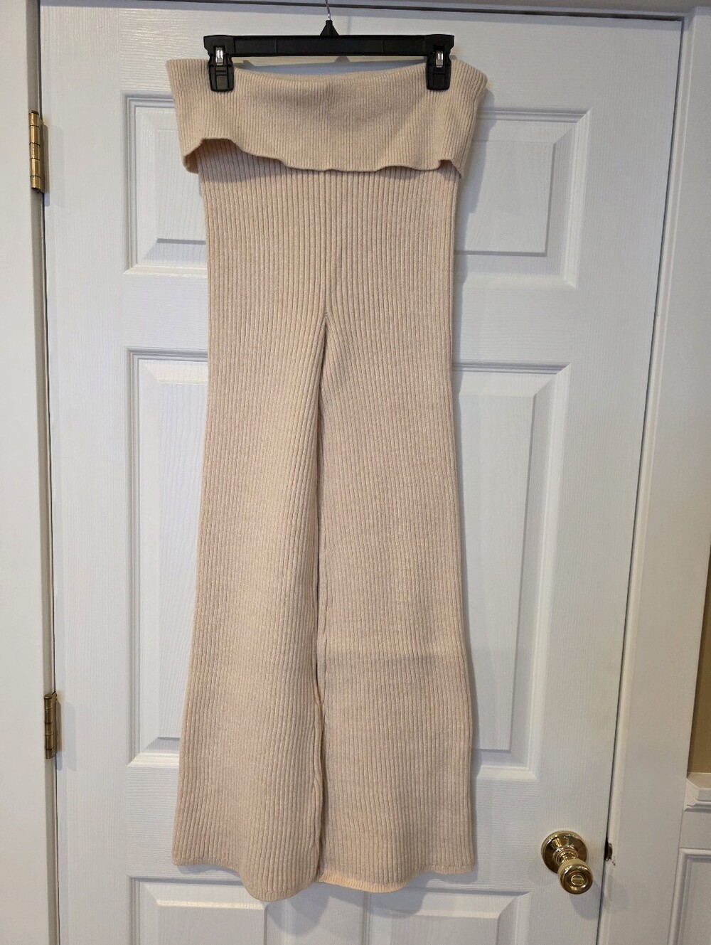 Womans Aerie Ribbed Late Night Fold Over Pants Size Large Flare Oatmeal Color